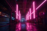 Fototapeta Londyn - dark, industrial space with neon lights illuminating the walls and floor, Generative Ai