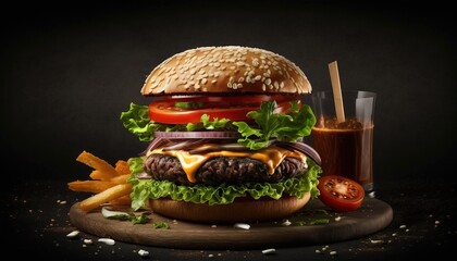 Angus beef burger with french fries, seen from the front, against a black backdrop. Generative AI