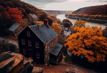 Harpers Ferry In West Virginia Viewed From Maryland Heights During Fall Colors. Generative AI