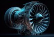 X-ray style turbofan jet engine isolated on black background. 3D rendering image. Generative AI