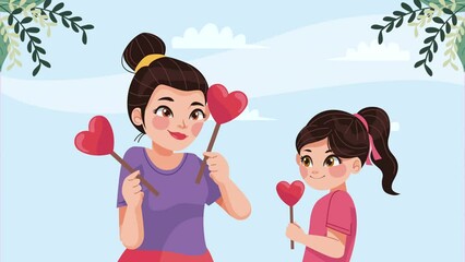 Poster - young mother with daughter characters animation