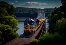 Fort Montgomery, NY - USA - Aug 14, 2022 A CSX Freight Locomotive Traveling North On The River Subdivision. A Railroad Line Running Along The Hudson River In NY, With Bear Mt. Bridge. Generative AI