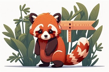 Sticker - cute red panda standing next to a wooden sign in the forest. Generative AI