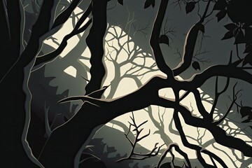 Wall Mural - solitary tree in the eerie darkness of a dense forest. Generative AI