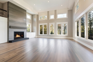 Beautiful empty modern living room interior with hardwood floors and fireplace in new luxury home. Large bank of windows hints at exterior view. High quality generative ai