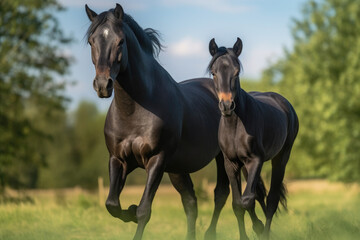 Wall Mural - black mare running along with her foal looking at the camera.