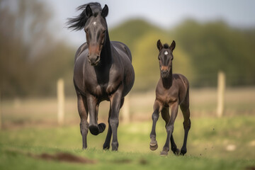 Wall Mural - black mare running along with her foal looking at the camera.