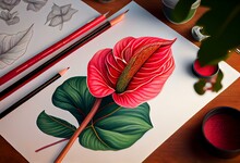 Flower Tropical Anthurium Red, Illustration Markers And Liners. Generative AI