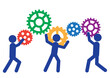 Illustration of a group of people holding gears above their heads, symbolizing coordinated work and teamwork. Business-themed picture on a transparent background in high resolution
