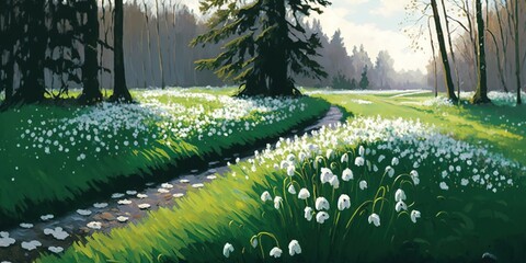 Wall Mural - Field of new green grass and white snowdrop blossoms, springtime Generative AI