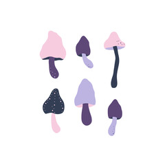 Wall Mural - Fairy mushrooms vector poster. Cartoon fungi amanita, toadstool illustration isolated on white. Hand drawn whimsical fantasy plant for card, t shirt print.