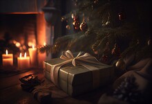 Christmas Presents Under A Christmas Tree In Front Of An Open Fire. Generative AI