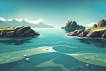 Poster -  scenic landscape featuring a river, rocks, and majestic mountains. Generative AI