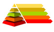 Infographic illustration of red with orange with yellow and green triangles divided and cut into five and space for text, Pyramid shape made of five layers for presenting business ideas or disparity