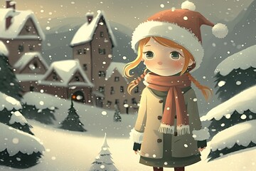 Poster - young girl standing in a snowy landscape wearing a Santa hat. Generative AI