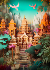 Wall Mural - Illustration of paper-cutting style Hindu temples architecture, AI Generated image.