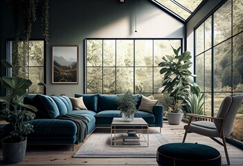 Canvas Print - Moody Spring Modern Living Room Interior with Open Concept Nature Views Made with Generative AI