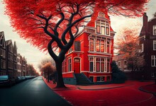 Oil Painting On Canvas, Street Of Amsterdam. Modern Artwork. House. Red Tree. Netherlands. Generative AI