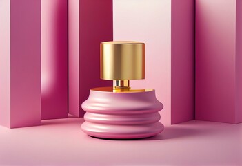 Pedestal display for cosmetic product presentation. Elegant floating fabric with cylinder podium on viva magenta background. 3d rendering. Generative AI