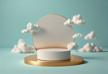3D display podium, paste; beige background with pedestal round frame and white clouds. dreamy. Product presentation stand pedestal. Luxury childlike mockup 3d render advertisement copy. Generative AI