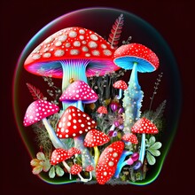 Sticker Mushrooms Amanita And Wild Flowers 3D Cartoon Neon Fly Agaric Dangerous Mushrooms In Gems Cartoon Neon Luxury Details Very Detailed Collage 