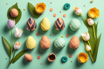 Sticker - Floral Easter Eggs and Bunnies on a Flat Lay Background Generative AI