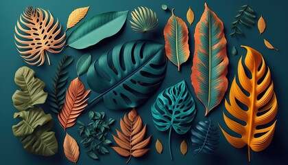 Wall Mural - tropical foliage, flat lay generative ai