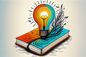 Wall Mural - World intellectual property day and education concept with innovative light bulb on book with doodle. Generative Ai