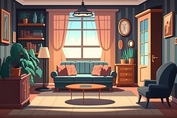 Wall Mural - cozy living room with an elegant clock on the wall. Generative AI