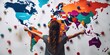 financially independent woman stands at world map pinning colorful markers on her dream destinations knowing that her early retirement, concept of Travel Goals, created with Generative AI technology