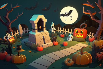 Sticker -  spooky Halloween night with a full moon, pumpkins, and a creepy cemetery. Generative AI