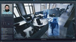 © Framestock - Playback office CCTV camera on computer. People work in coworking office. AI software with facial recognition and personal profiles. Security camera. Face scanning system. Surveillance and monitoring.