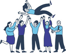 Happy People Jumping In The Air. Vector Illustration Of A Group Of People.