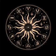 Wall Mural - golden round astrological calendar with zodiac signs