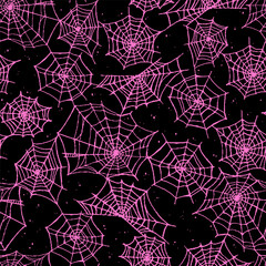 Canvas Print - Seamless pattern of pink stylized cobwebs on a black background