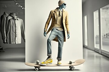 Clothing mannequin rides skateboard, concept of Fashion, created with Generative AI technology