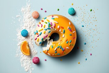 Wall Mural - Doughnut on white textured background with colorful good and bad eating options. Generative AI