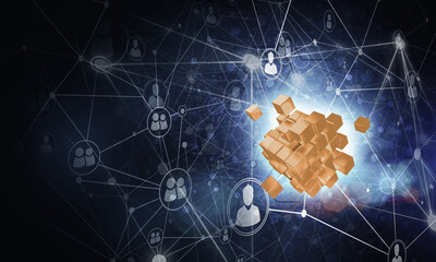 Wall Mural - concept of internet and networking with digital cube figure on dark background