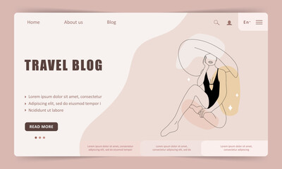 Travel blog. Landing page template. Abstract linear woman in hat. Contemporary minimalist female traveler in one line style. Vector outline illustration.