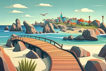 Wall Mural - wooden walkway leading to a serene beach scene. Generative AI