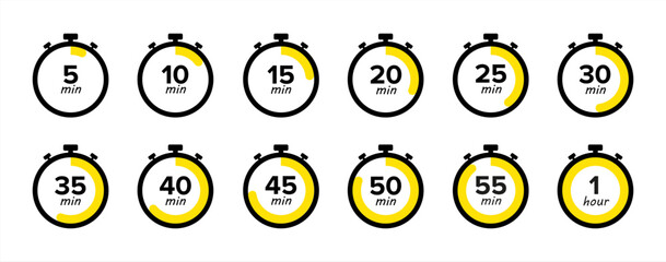 set of timer and stopwatch icons. kitchen timer icon with different minutes. cooking time symbols an