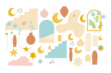  set with flowers, stars, crescent moon, stairs, arch , mid-century modern vector template