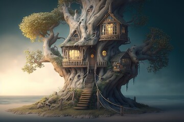 Wall Mural - Tree home straight out of a fairytale. Tree home in an enchanted forest; raster illustration. Generative AI