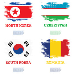 South Korea, Uzbekistan, Romania and North Korea Flags Set with Brush Strokes.