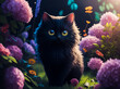 Illustration of a black cat surrounded by purple and pink flowers in a night garden.