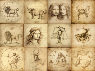 Set of zodiac signs icons. Aries, Leo, Gemini, Taurus, Scorpio, Aquarius, Pisces, Sagittarius, libra, Virgo, Capricorn, and Cancer. Leonardo da Vinci style. Generative AI