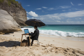 Businessman working on a beach with a laptop computer under an umbrella, Generative AI