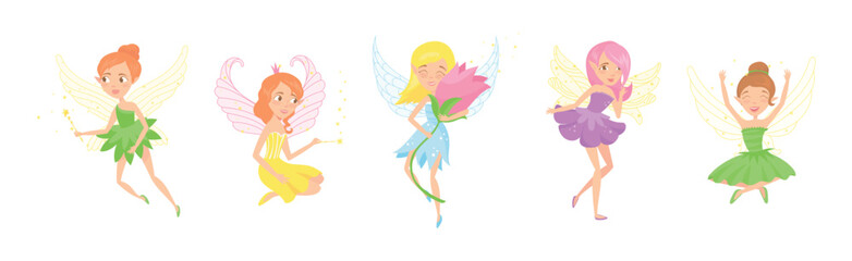 Poster - Little Fairy or Pixie with Wings with Magic Wand Vector Illustration Set