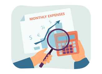Poster - hands of person calculating monthly expenses vector illustration. cartoon drawing of financial chart