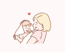Happy Family Mother And Baby In A White Towel After Bathing In The Bath. Hand Drawn Style Vector Design Illustrations.
